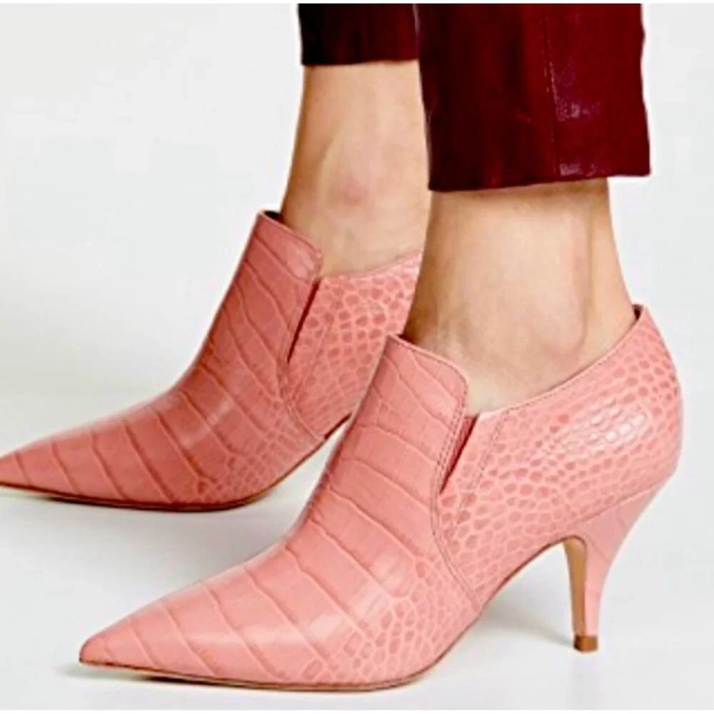 Tory Burch Pink Croc-Embossed Pointed Toe Ankle Booties